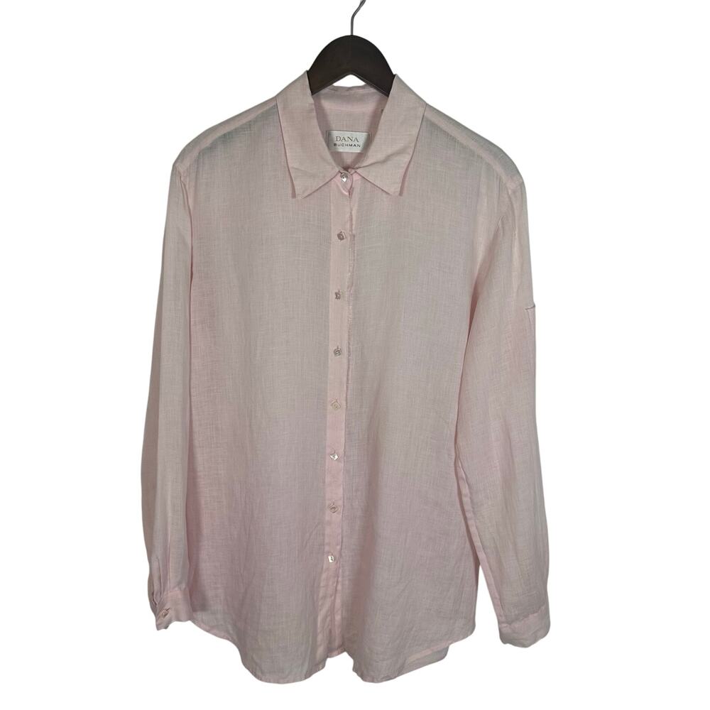 Dana Buchman Sz 12 100% Linen Petal Pink Square Button Up Top Quiet Luxury‎